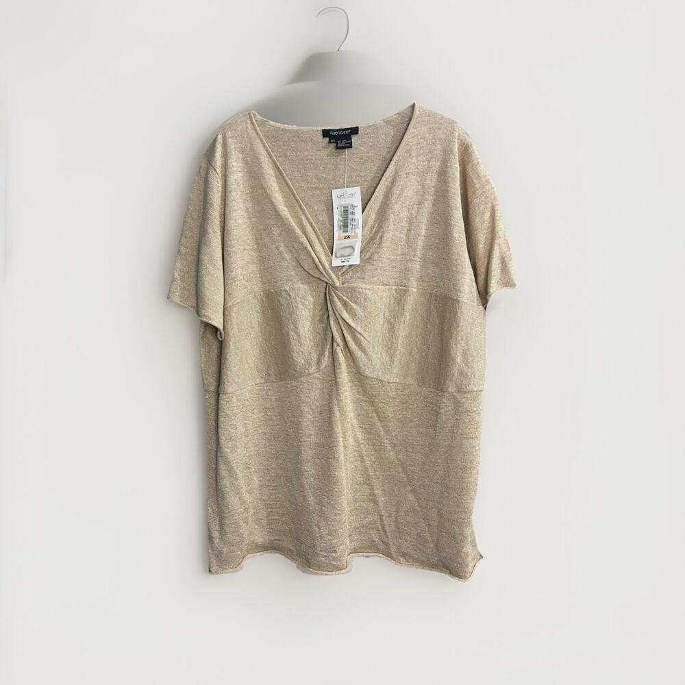 Karen Kane Womens Gold Knit Twist Front Linen Top Sweater Short Sleeve 2X